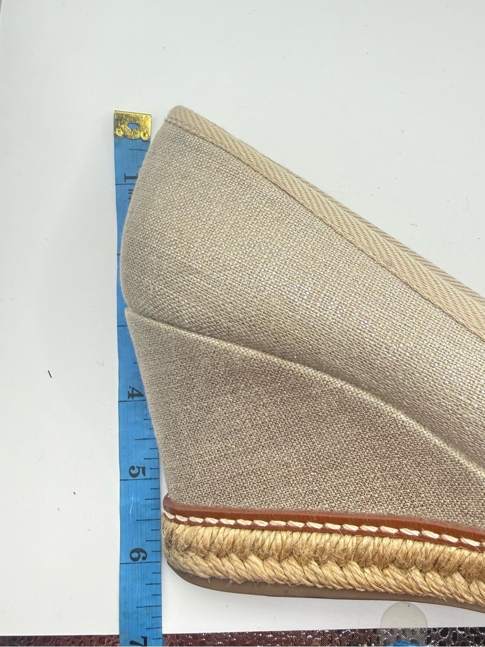 Tory Burch Tan Linen Wedge Espadrilles with Bow and Gold Logo - Picture 11 of 12